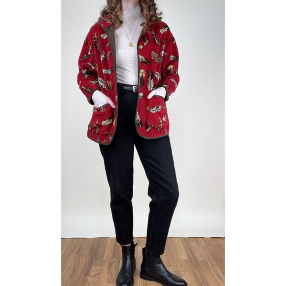Vintage Fleece Novelty Print Light Jacket Cardigan Sweater Western Gorpcore Boho - Picture 2 of 10